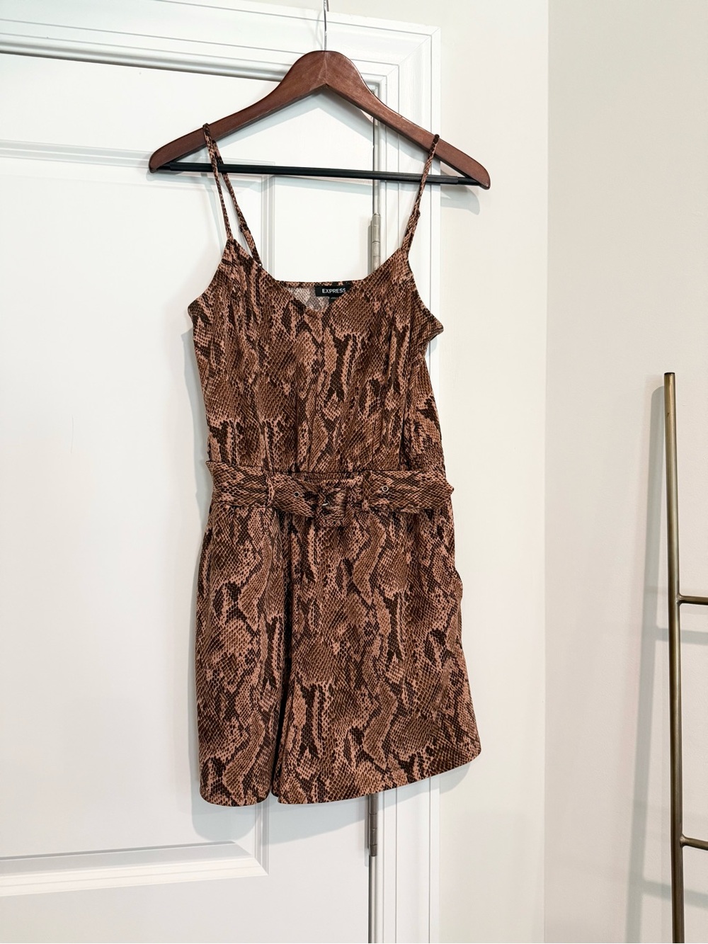 NWOT Express Brown Snake-Print Spaghetti-Strap Romper with Belted Waist
